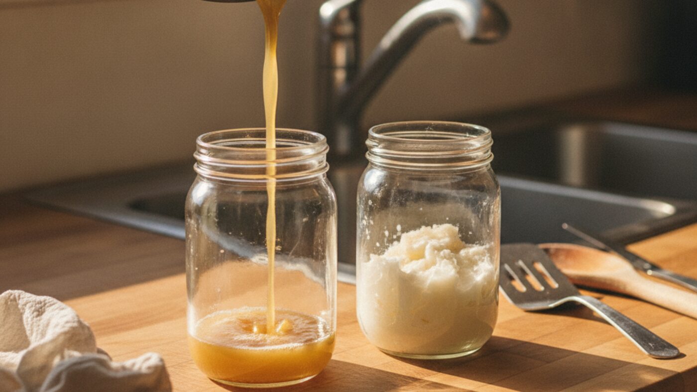 Cooking grease poured from a skillet into a glass jar on the counter beside a jar of already congealed white grease, with the sink unused
