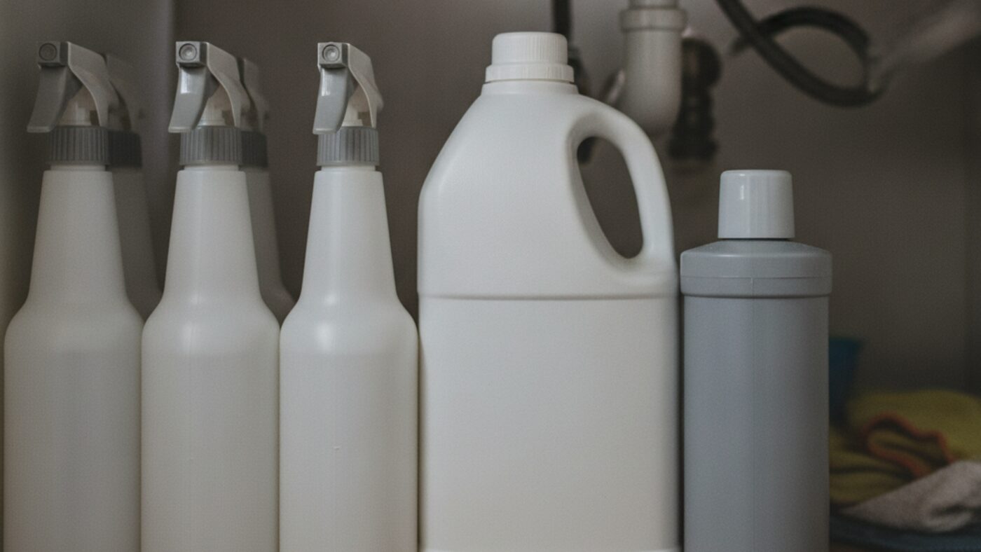 Row of plain household bleach and drain cleaner bottles stored on a shelf under a kitchen sink
