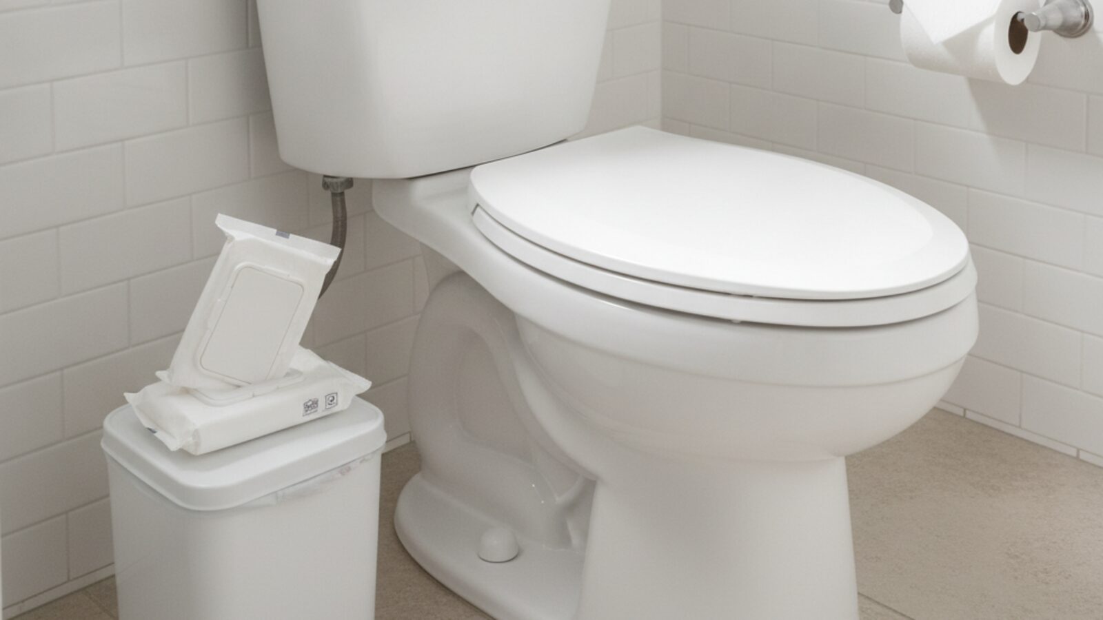 Pack of wet wipes sitting on a bathroom bin beside a toilet, where wipes belong instead of down the drain