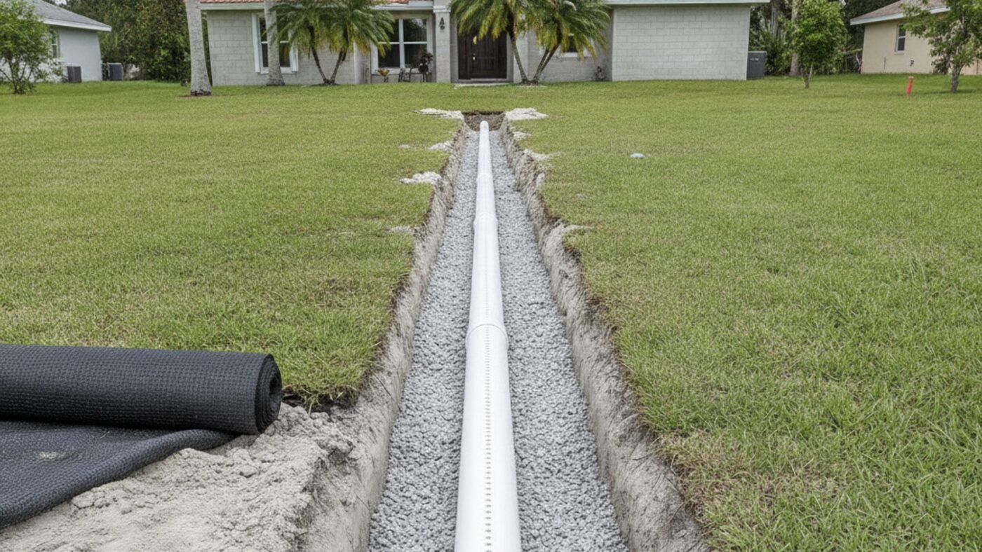 Open drain field trench showing perforated pipe and gravel bed in sandy Florida soil