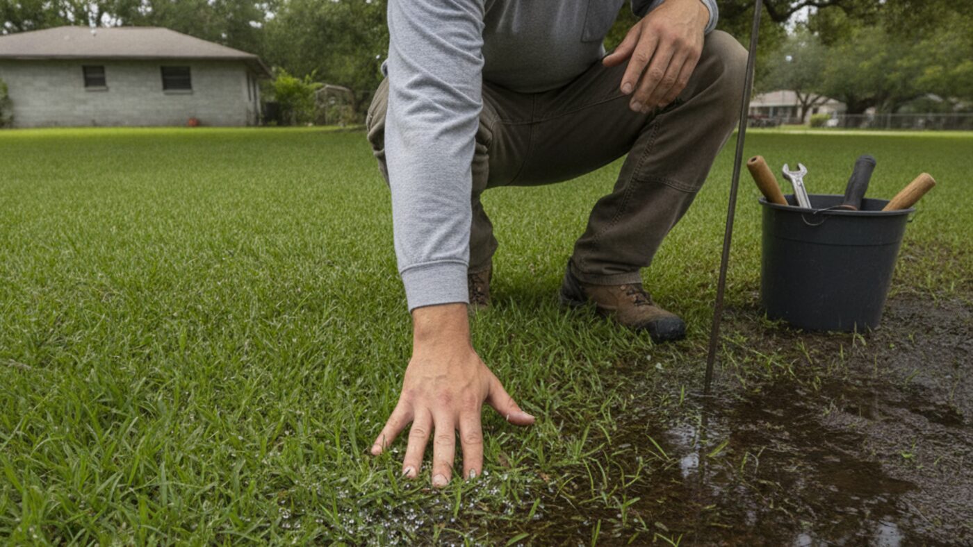 Technician checking soft saturated turf over a septic drain field after Florida rain