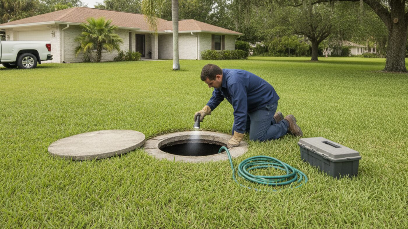 Septic technician inspecting an open tank lid to assess drain field performance in Lakeland, Florida
