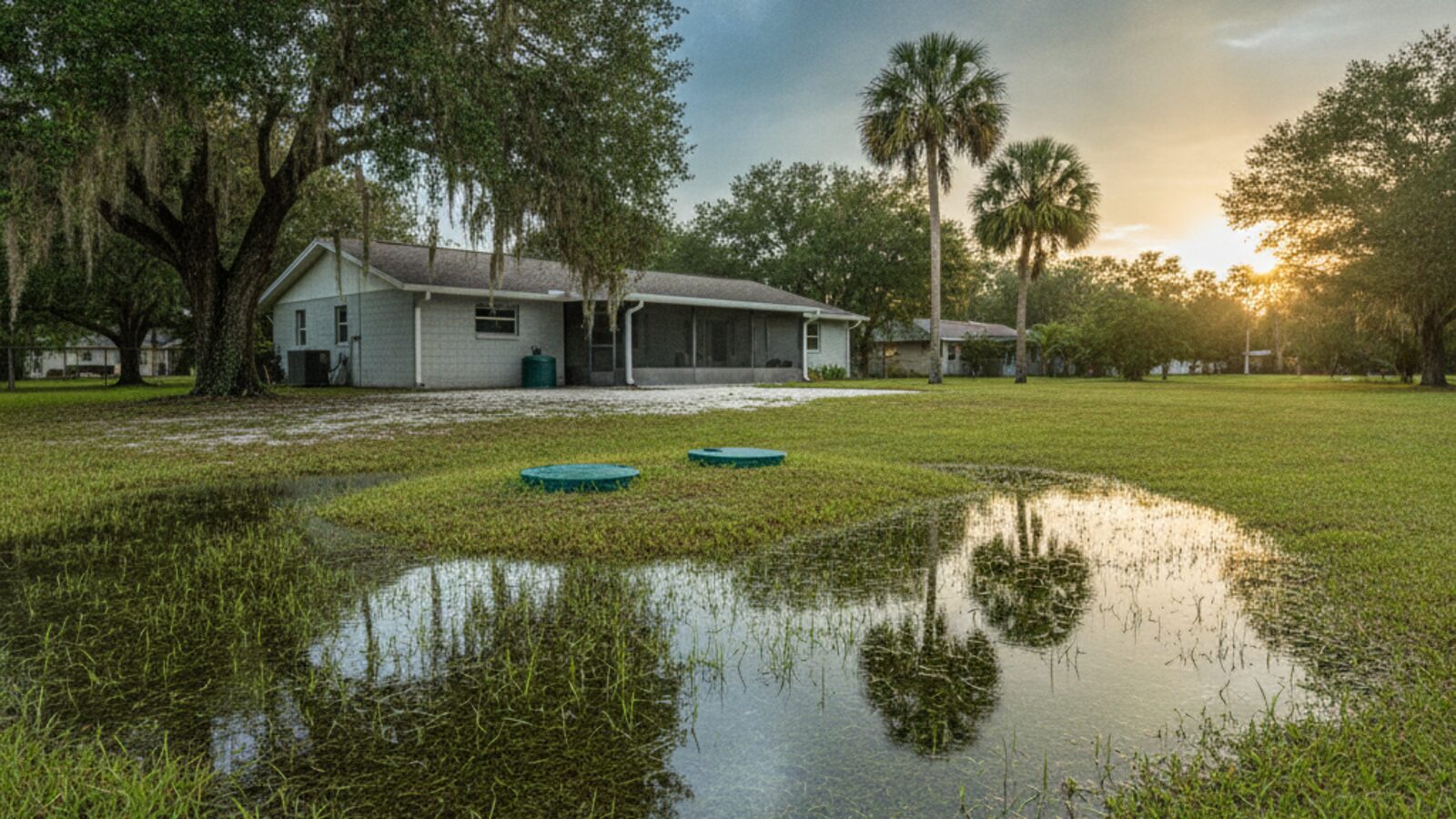 Standing rainwater pooled over the septic tank lids in the yard of a Central Florida home after a storm