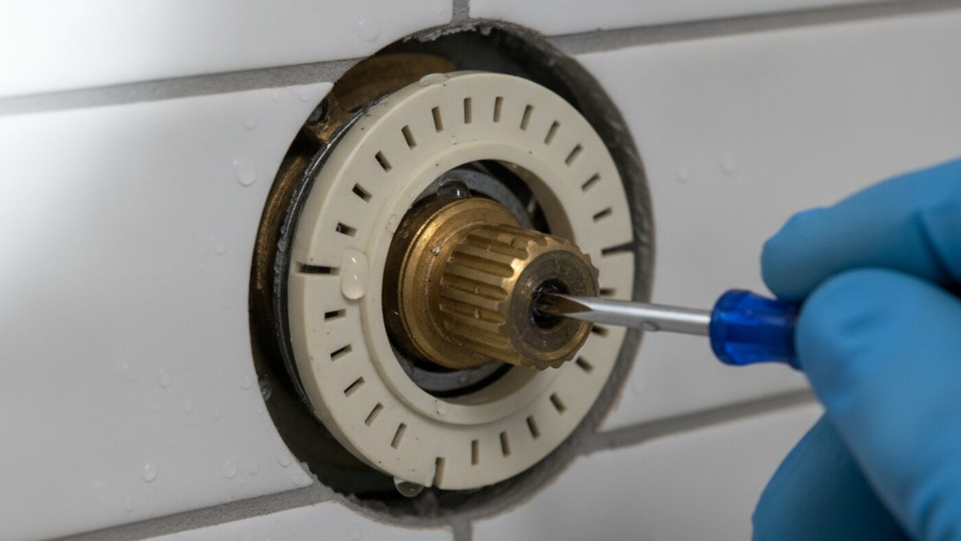 Shower valve with handle and trim removed, exposing the notched rotational limit stop ring being adjusted with a screwdriver