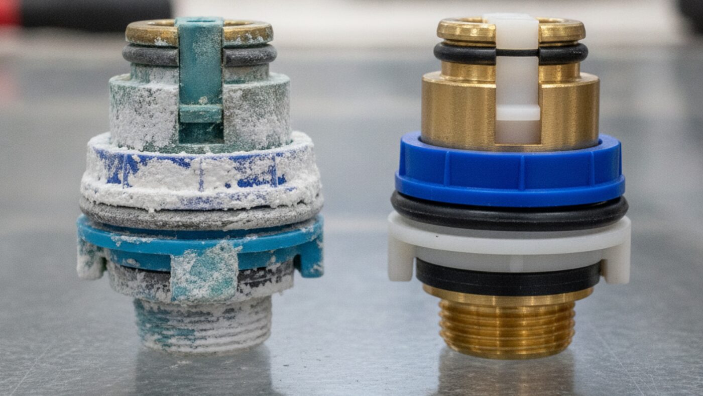 Old shower valve cartridge crusted with white mineral scale and corrosion beside a clean new replacement cartridge