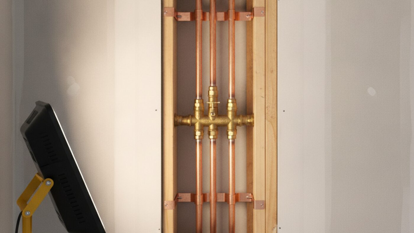 Rectangular access panel cut in a closet wall behind a shower, revealing the brass valve body and copper supply pipes between the studs