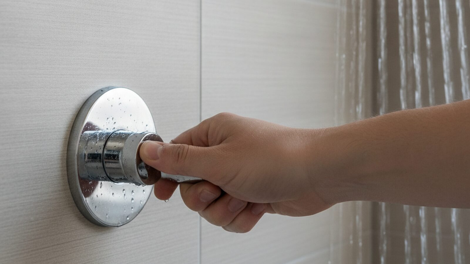 Hand turning the single handle of a shower valve while water runs from the shower behind it