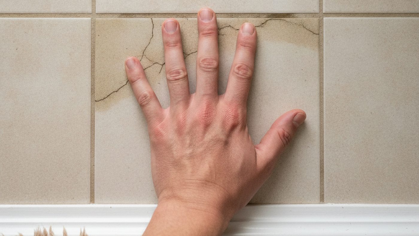Homeowner feeling a tile floor for a warm spot, one of the most reliable signs of a slab leak