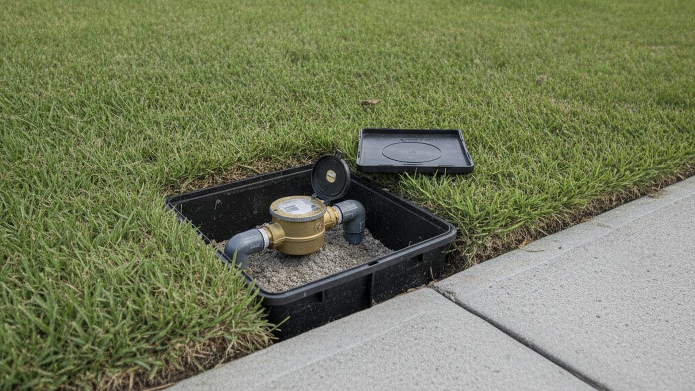 Open residential water meter box at a Lakeland home, used for the two-hour slab leak meter test