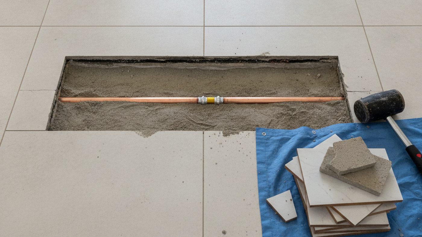 Small targeted access cut in a tile and concrete slab exposing a repaired copper water line