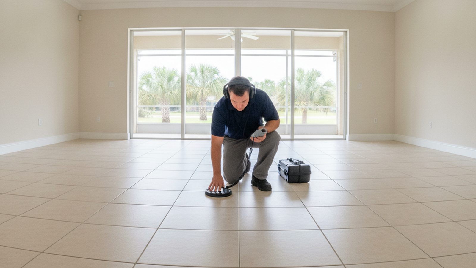 Technician wearing headphones using acoustic leak detection equipment on the tile floor of an empty Lakeland home