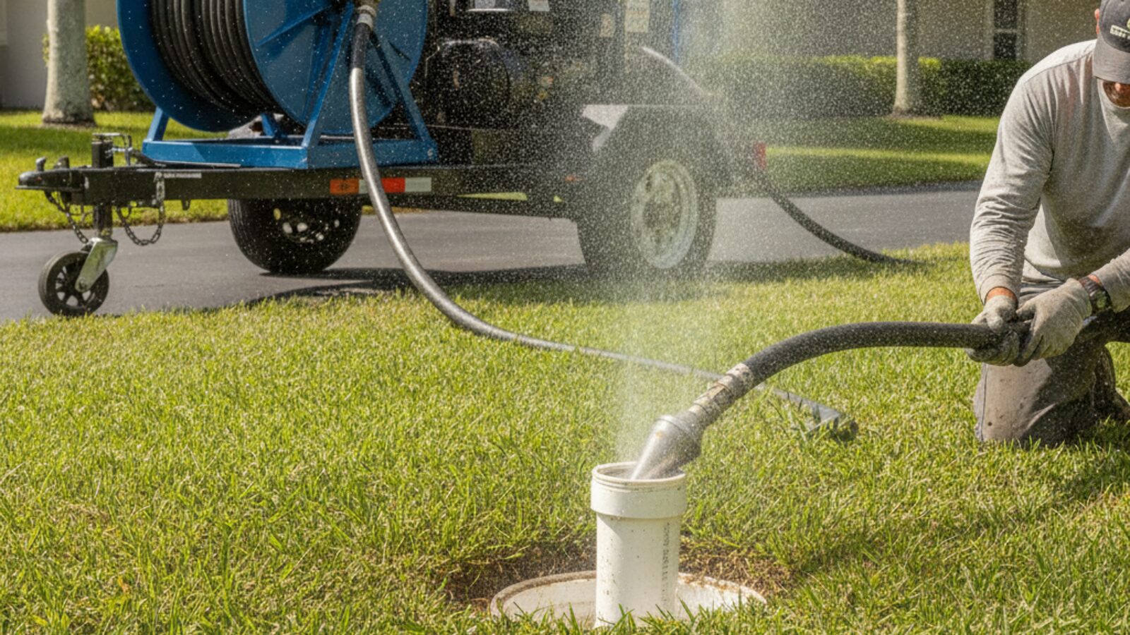 Technician hydro jetting a sewer cleanout in a Florida lawn with the jetter trailer and hose reel at the curb