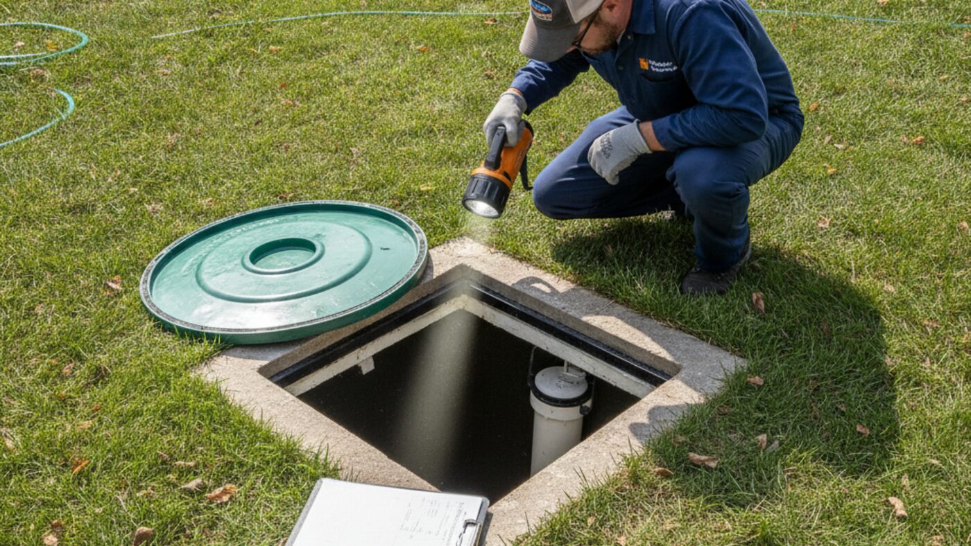 Septic technician shining a flashlight into an open tank access port toward the outlet baffle and effluent filter