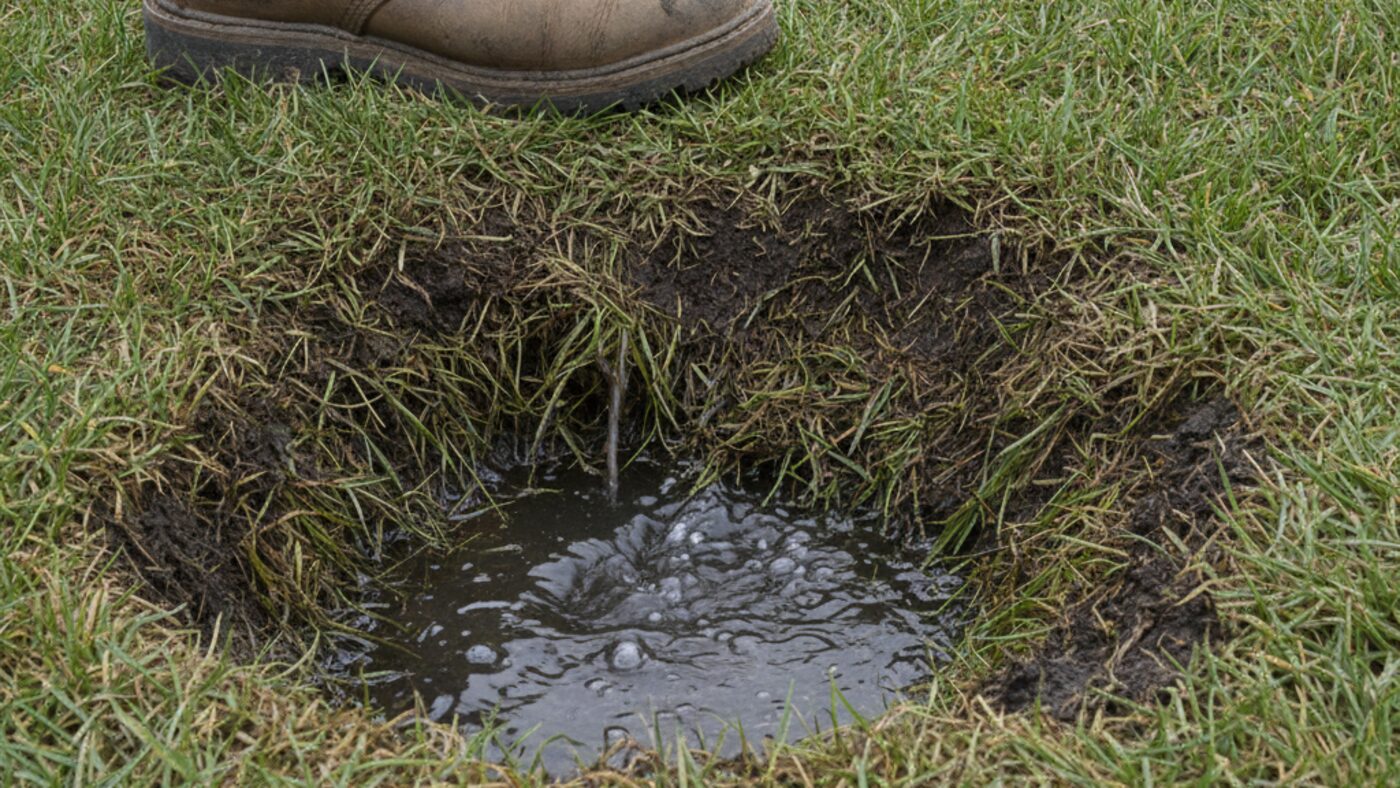 Work boot at the edge of a soggy sunken patch of lawn where dark water is welling up through the matted grass
