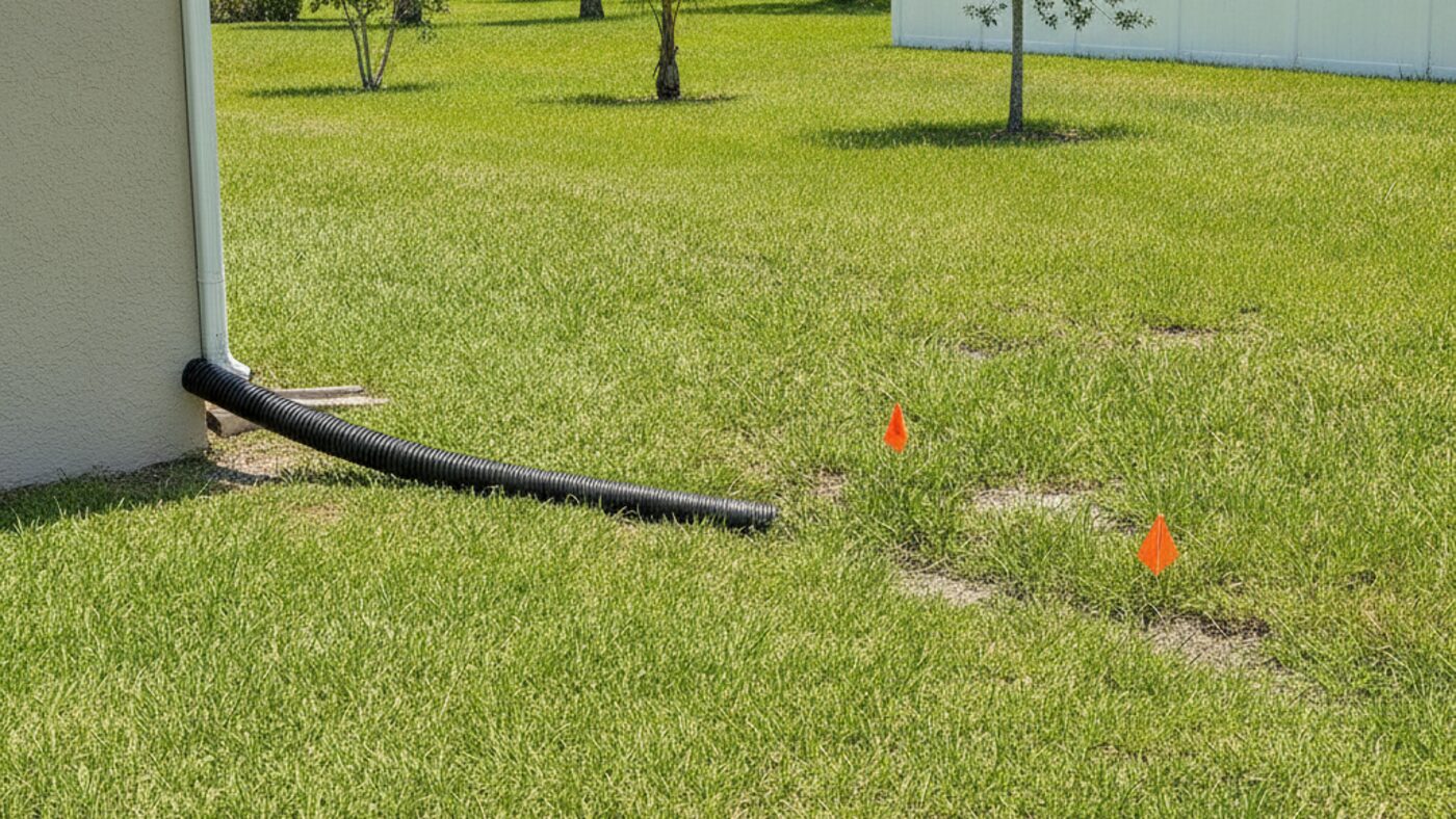 Downspout extension carrying roof runoff across a lawn and away from a drain field area marked with orange flags