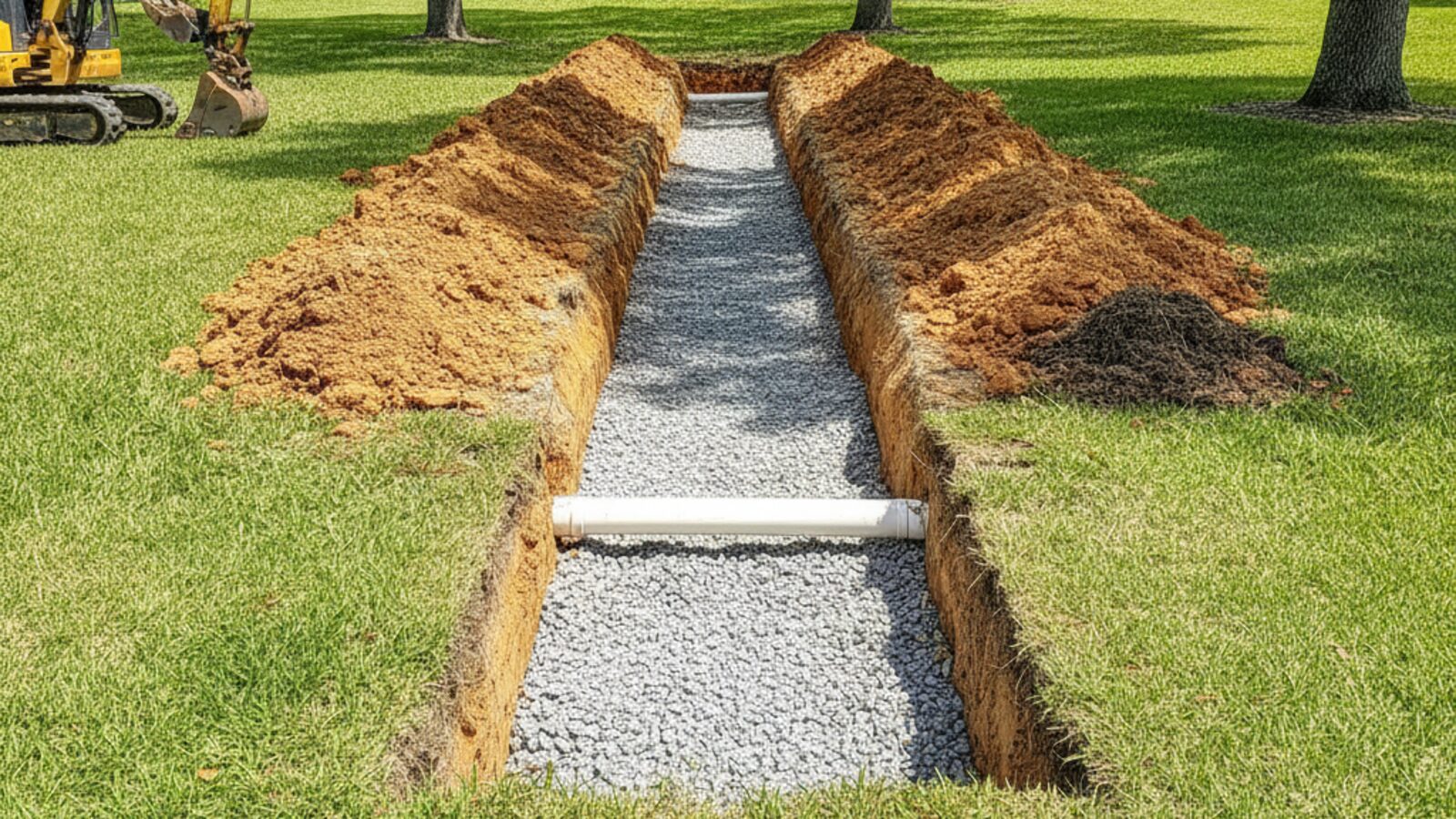 Open drain field trench lined with gravel and perforated pipe in a Florida yard, with a mini excavator parked alongside