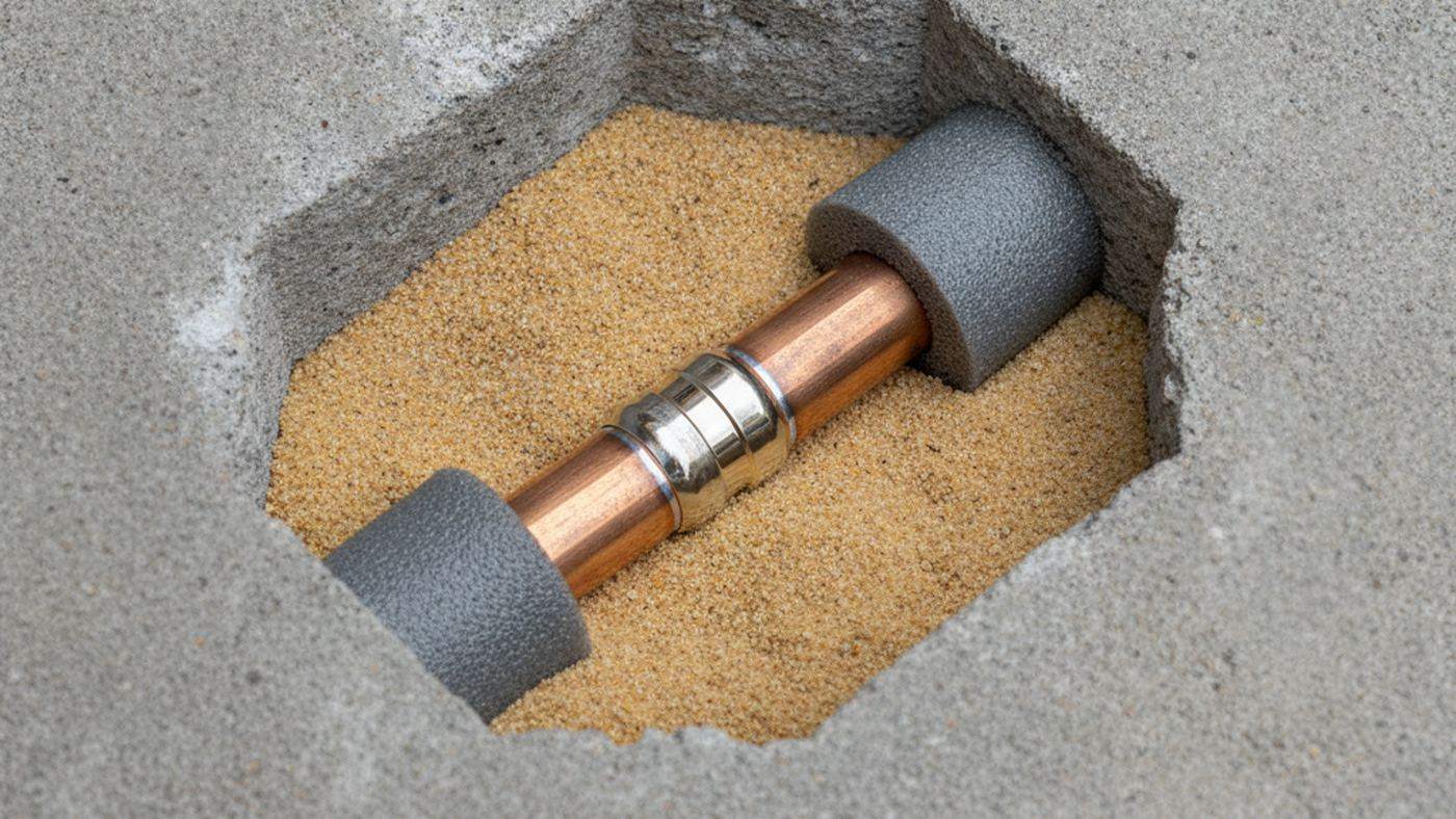 Opening cut in a concrete slab exposing a copper water pipe joined with a new repair coupling and wrapped where it meets the concrete
