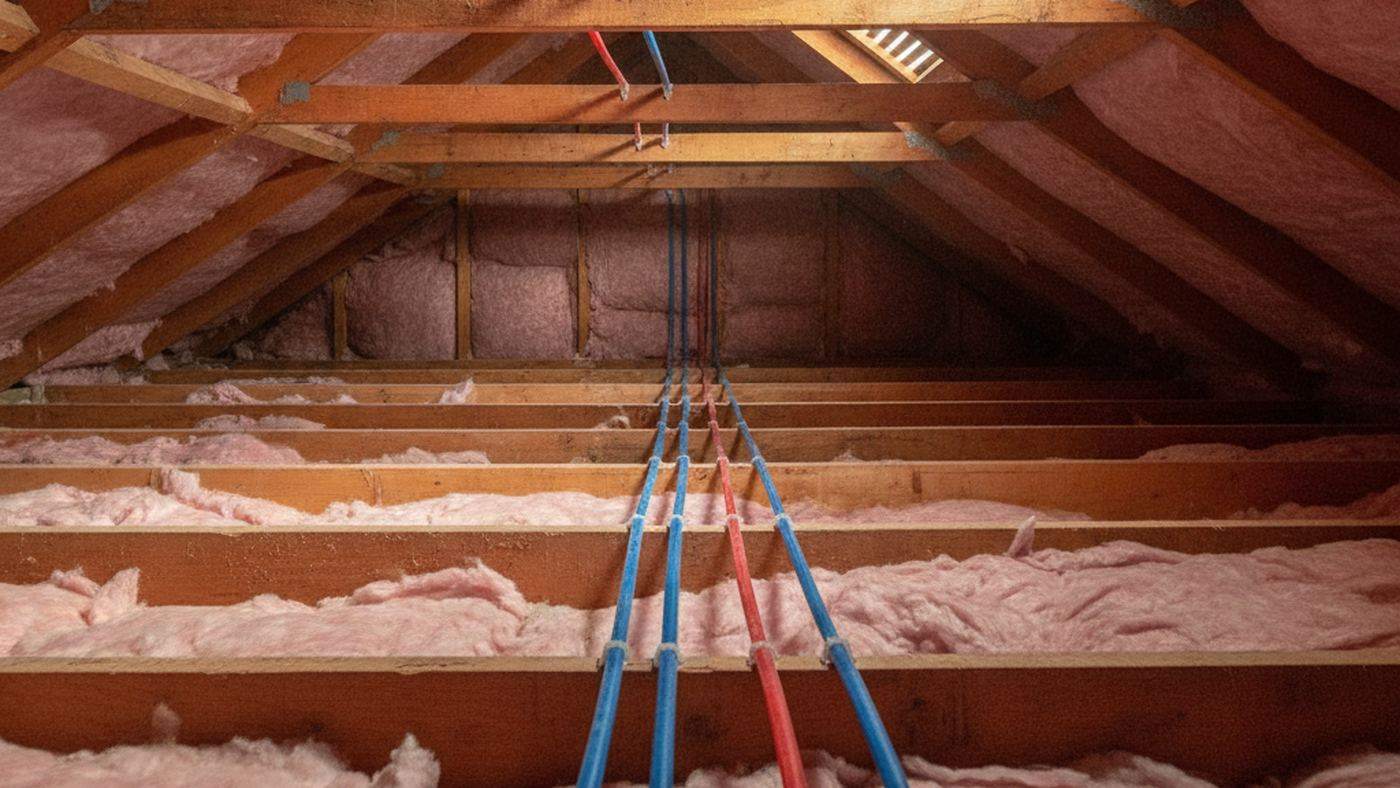 New red and blue PEX water supply lines run along wooden attic joists above a ceiling