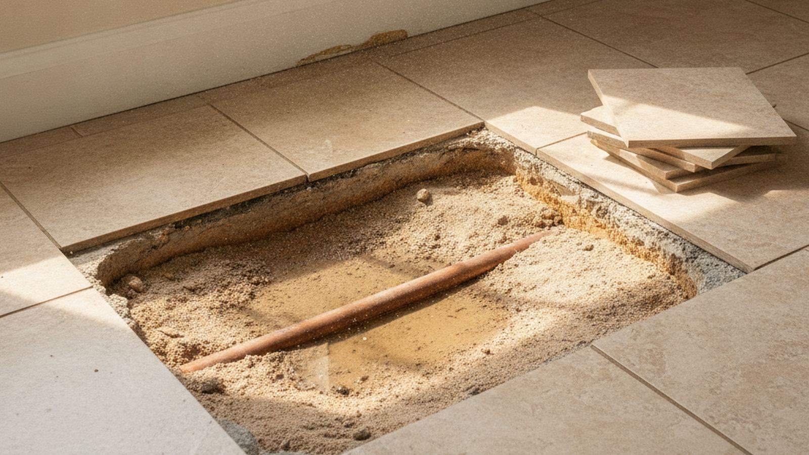 Section of tiled concrete floor opened up to expose a copper water pipe in wet sand beneath the slab