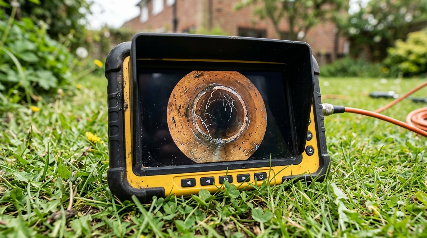 Sewer camera monitor showing fine root strands inside an old sewer pipe