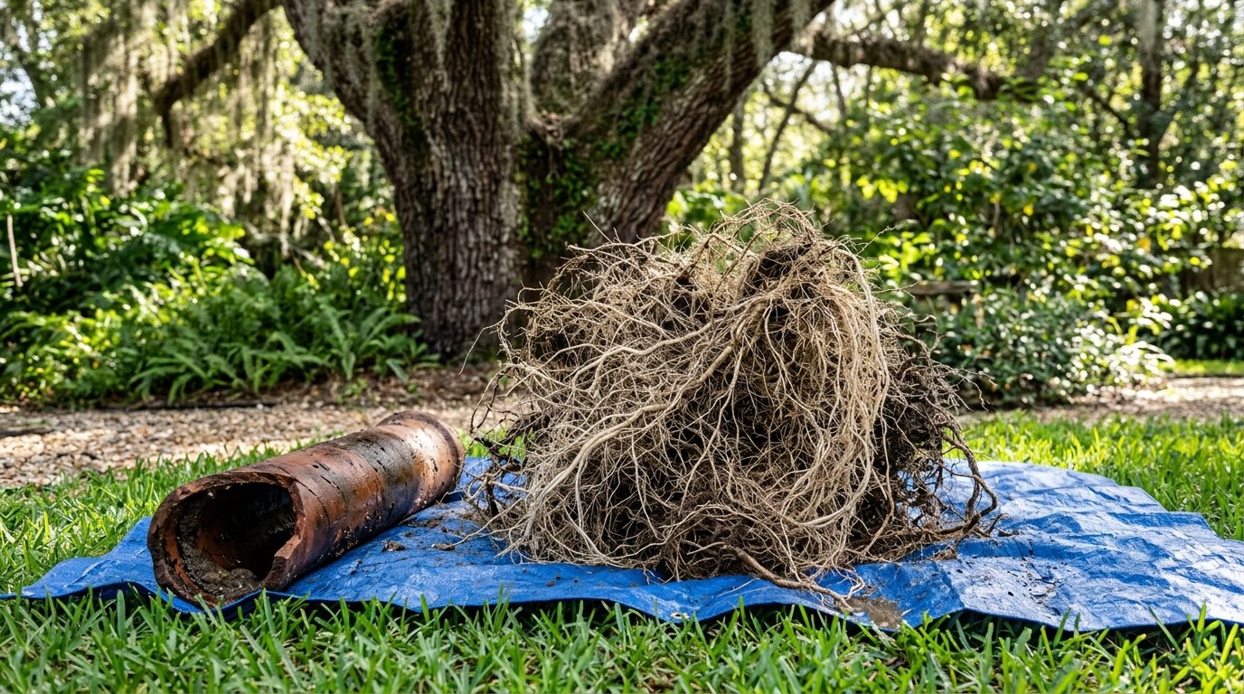 Tangled mass of fine tree roots pulled from a sewer pipe, lying on a tarp beside a section of old rusted sewer pipe under a large oak