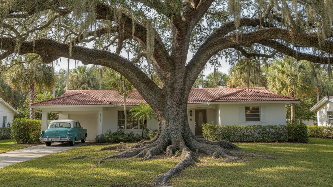 Large mature live oak beside a 1950s Florida home with thick surface roots spreading across the lawn and lifting the walkway