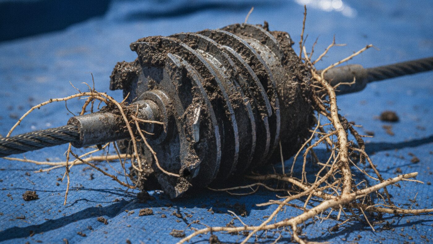 Rotating root-cutting blade on a drain auger cable with freshly severed root strands tangled around it