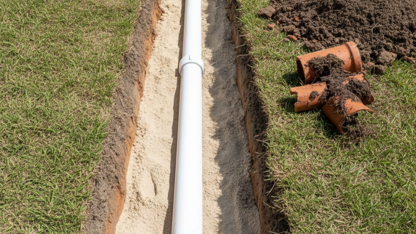 New white PVC sewer pipe bedded level in an open trench with the broken clay pipe it replaced set aside on the soil pile