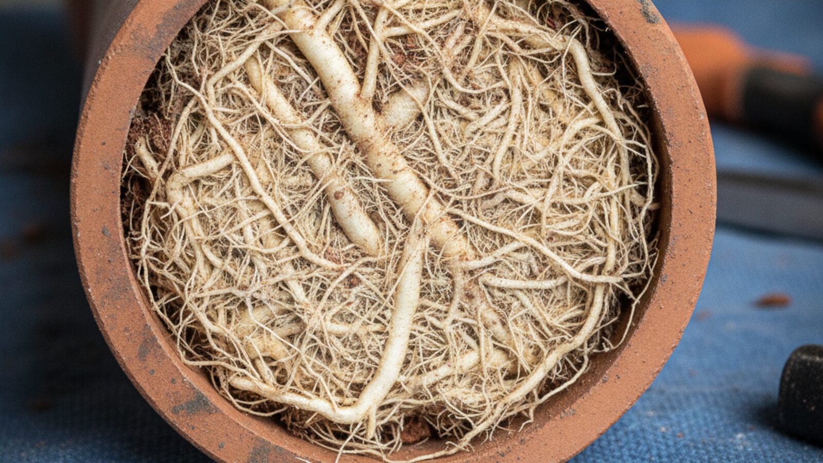 Cut end of a clay sewer pipe packed solid with a dense mass of tree roots