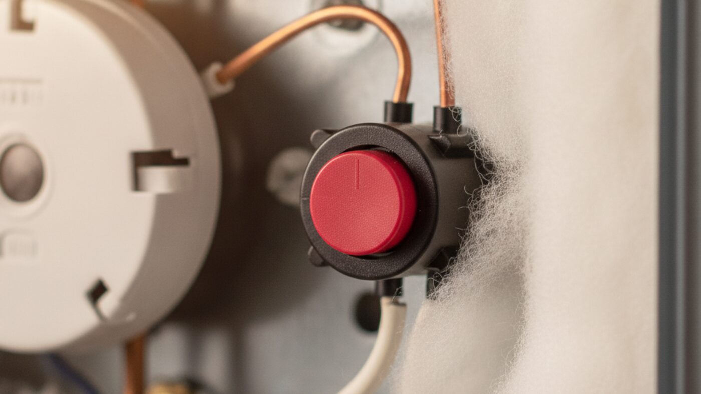 Close-up of the red reset button on an electric water heater thermostat behind a removed access panel