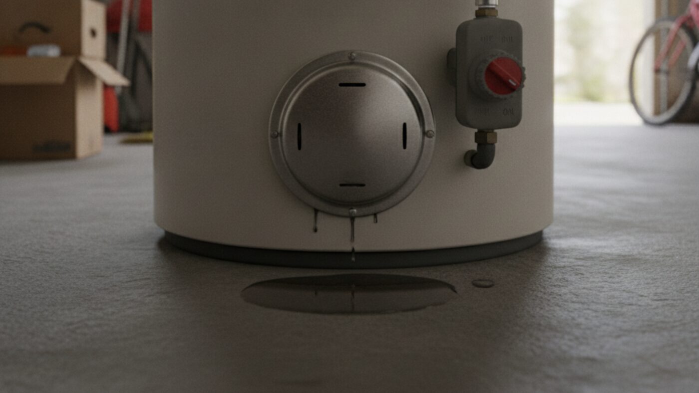 Base of a gas tank water heater with the burner cover and gas control, and a small puddle of water on the floor