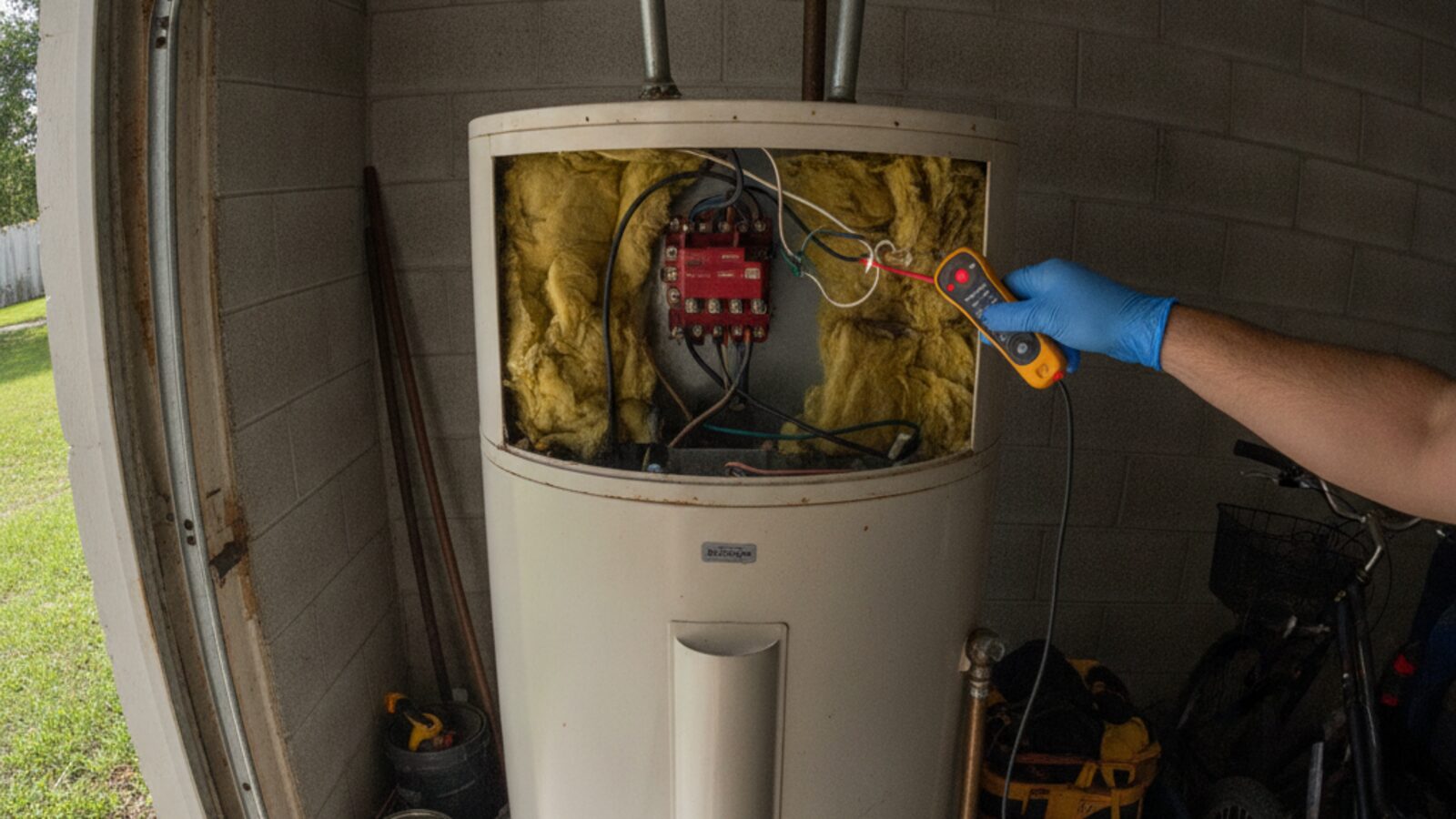 Electric tank water heater in a garage with the upper access panel removed and a gloved hand testing the wiring