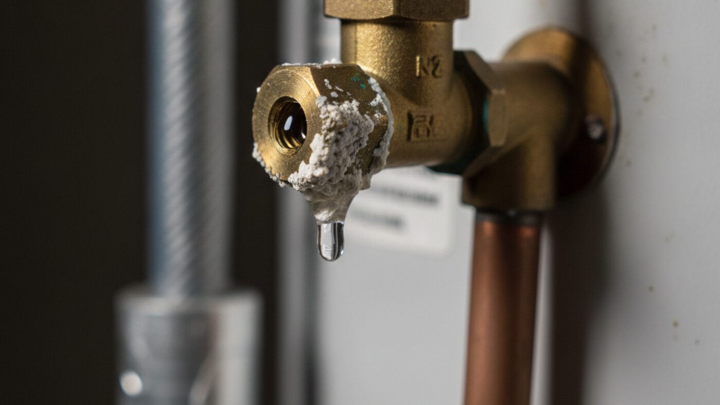 Close-up of a water heater temperature and pressure relief valve with mineral crust at the seat and a drip forming