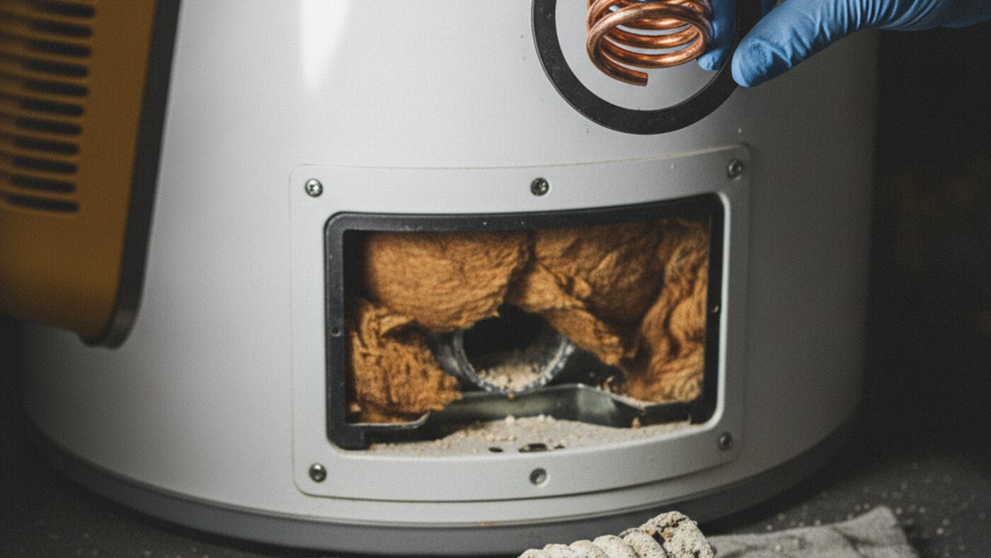 Gloved hand holding a new water heater heating element and gasket at the open access panel, with the old scale-covered element below