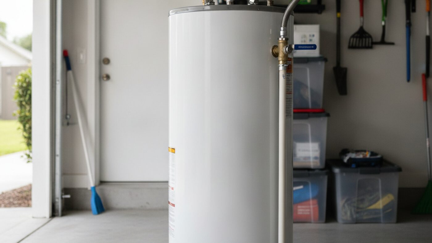 Newly installed water heater in a drain pan with braided flex connectors, shutoff valves and a thermal expansion tank on the cold line
