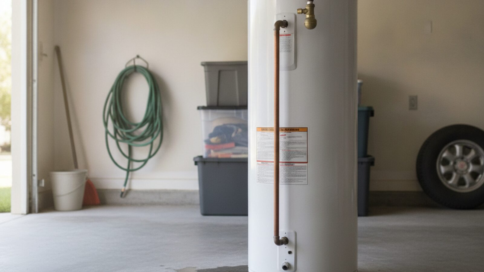 Aging tank water heater standing in a Florida garage with a small pool of water on the concrete at its base