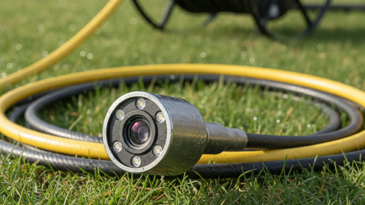 Stainless steel sewer inspection camera head with its LED ring resting on grass beside the coiled push rod and reel