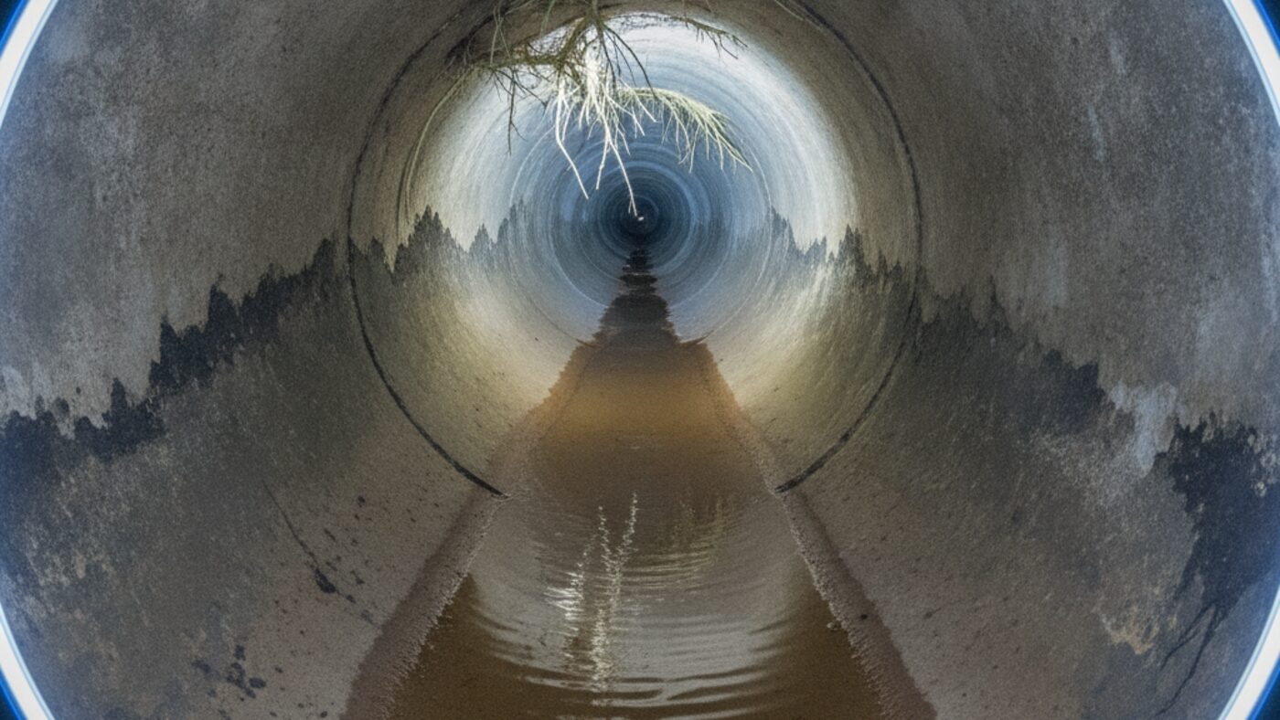 Sewer camera view inside an older pipe showing standing water along a dipped section and fine roots entering at a joint