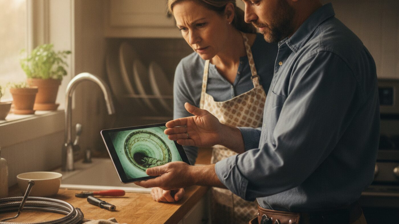 Plumber showing a homeowner recorded pipe inspection footage on a tablet at the kitchen counter
