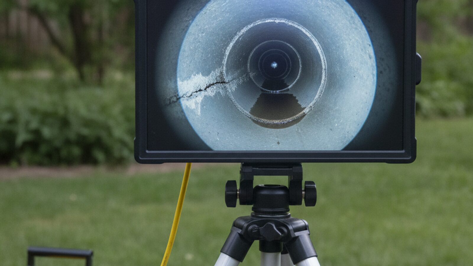 Sewer inspection monitor on a tripod in a back yard showing a crack running along the inside of the pipe