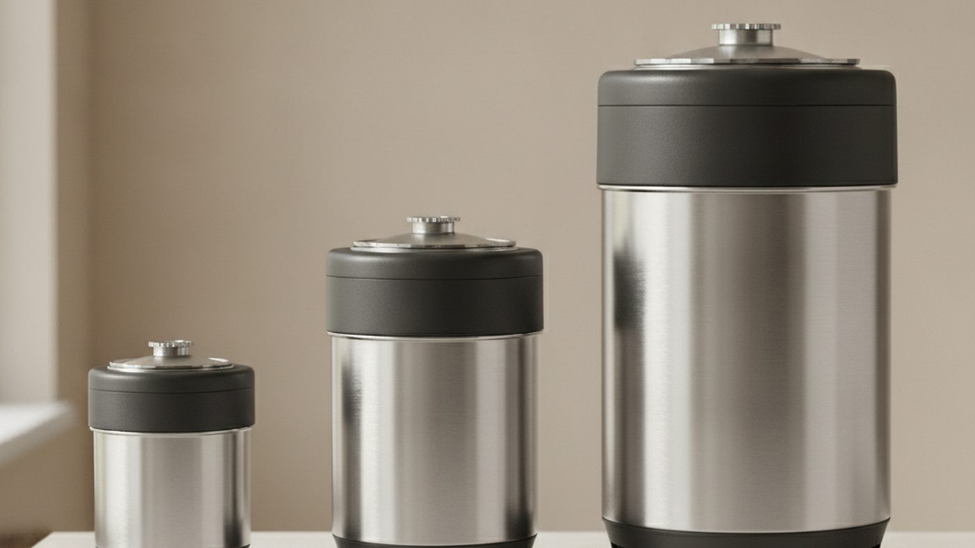 Three unbranded garbage disposals of increasing size standing side by side on a countertop