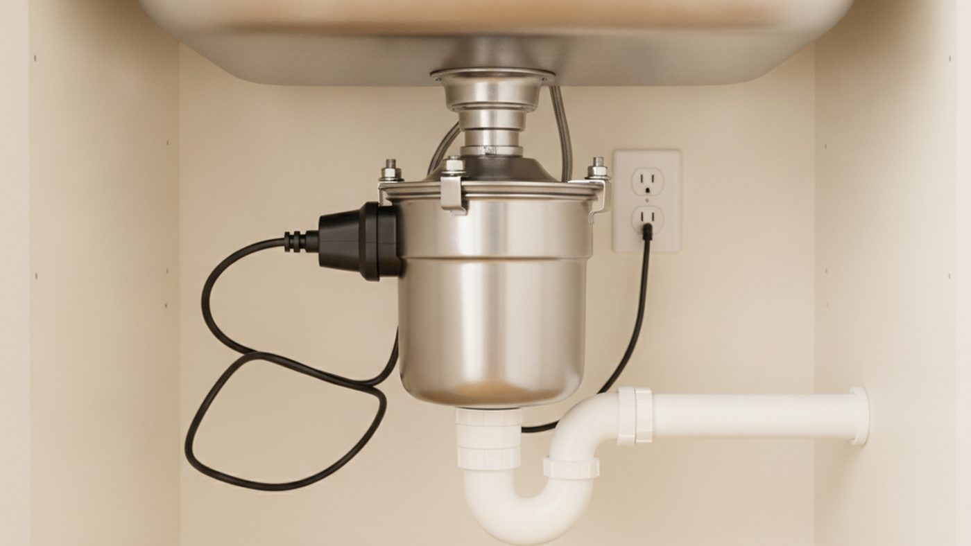 Garbage disposal mounted under a stainless sink with its power cord plugged into an outlet and a white PVC drain trap