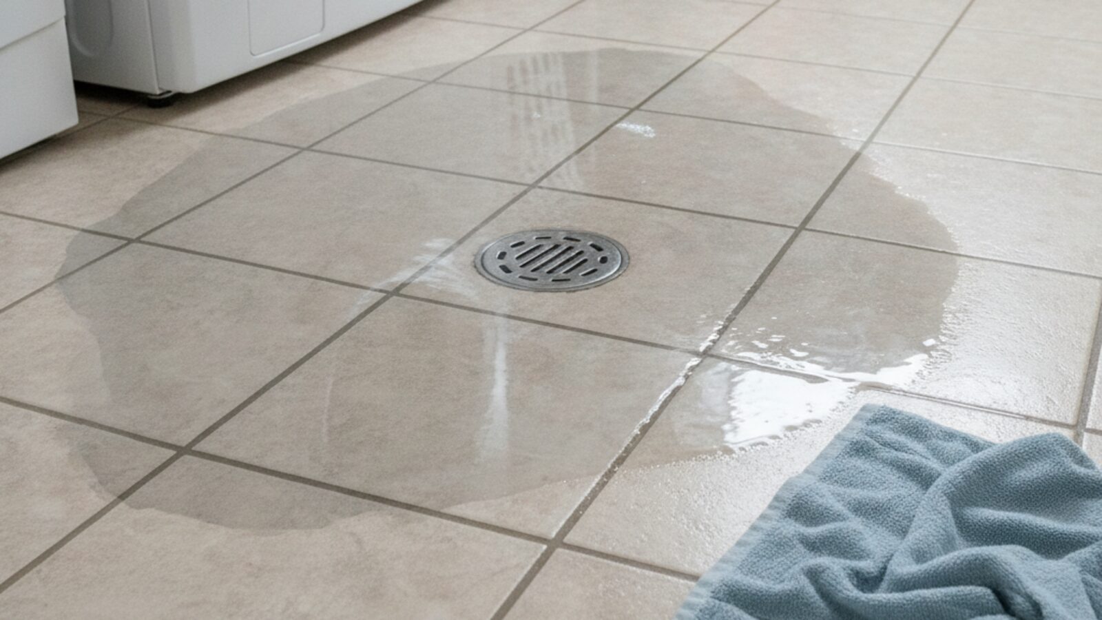 Wastewater pooling around a laundry room floor drain with a towel laid at the edge of the spill