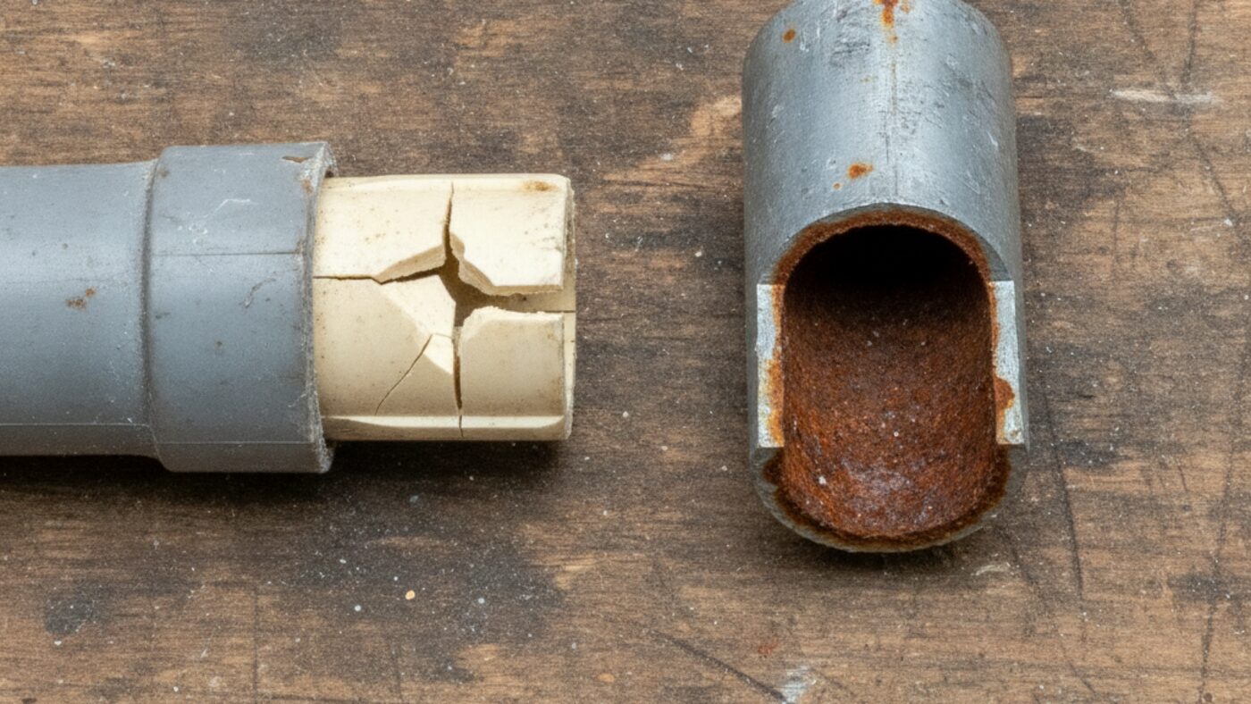 Cut sections of old grey polybutylene pipe with a cracked insert fitting beside galvanized steel pipe showing heavy internal rust