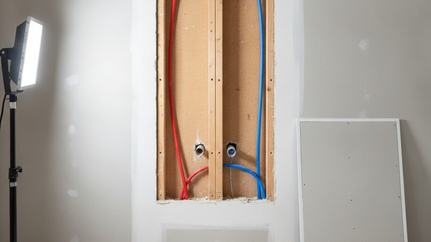 Neat access opening cut in a drywall wall during a repipe showing new red and blue PEX lines run between the studs, with dust sheets down