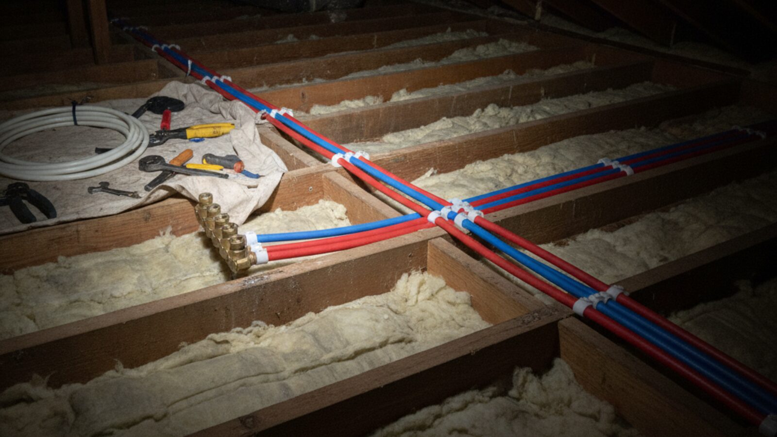 New red and blue PEX water lines run across attic joists during a whole home repipe, with tools and brass fittings staged nearby